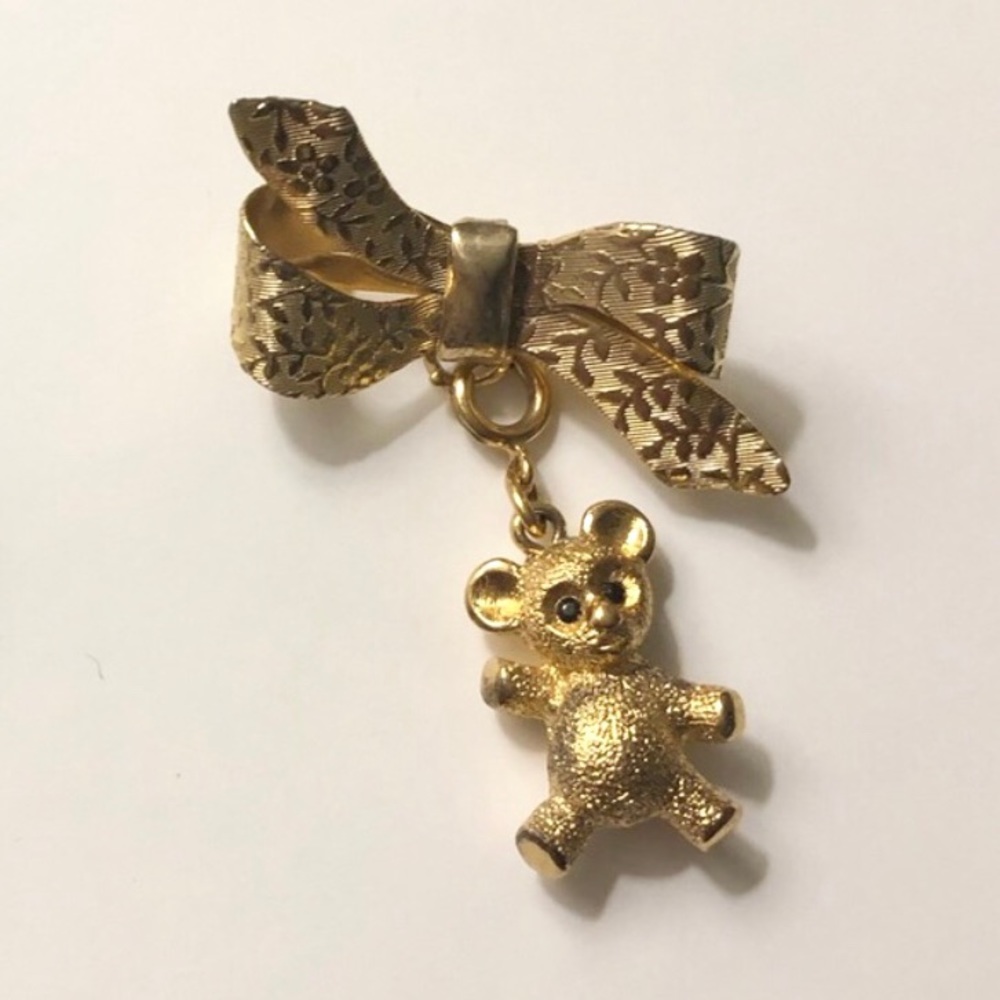 Bear with gold bow dangle drop gold pin brooch